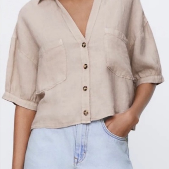 Zara 100% Linen Cropped Shirt Womens XS Tan Button Up Short Sleeve - Picture 2 of 4